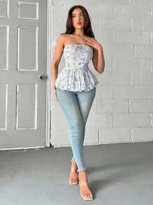 SHEIN Privé Top tubo elegante y sencillo con estampado floral y volante en el dobladillo, adecuado para el té de la tarde, fiestas, vacaciones