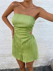 SHEIN VCAY Summer Outing Holiday Dating Romper, Summer Side Hollowed-Out Pleated Waist Casual Texture With Chest Romper, Summer Holiday Beach Romper, Back To School Dress, Very Simple Dress, Office Dress, Old Money Dress, Teacher Dress, Dating Dress, Going Out For Wedding Season BFF Afternoon Tea Party Festival Romper, Going Out For Music Festival Romper - Green - View 4