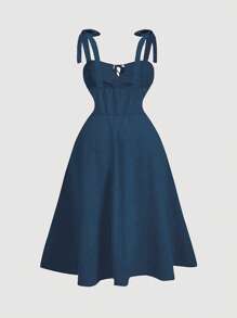 Flirla Plus Size Women's Solid Color Simple Daily Tie Belted Dress For New Year Clothes Maxi Women Outfit - Blue - View 2