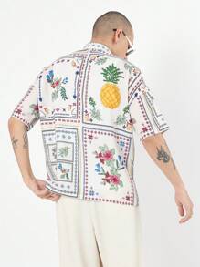 SUMWON 热带度假短袖纽扣衬衫花卉菠萝印花夏季度假海滩休闲夏威夷风格轻质领上衣 - 彩色 - 查看 3