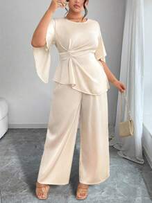 Elenzga Plus Size Elegant 2 Pieces Set: Pleated Flared Sleeve Top And Wide Leg Pants - Apricot - View 4
