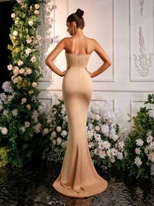 Glamrae 优雅闪亮杏色水钻点缀美人鱼风格长裙，适合正式晚会和庆典