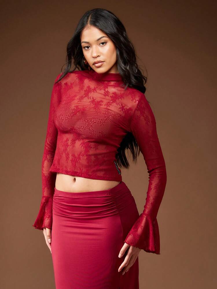 MISSGUIDED Sheer Lace Flare Cuff Long Sleeve High Neck Top Christmas
