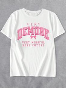 INAWLY Plus Size Women's Casual Round Neck Short Sleeve T-Shirt With Bowknot Pattern, Fashion Tops For Spring & Summer - White - View 3