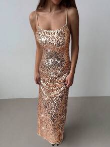 Aloruh Vestido de fiesta longo con lentejuelas sin espalda, entallado y sexy, adecuado para mujeres - Champán - Ver 6