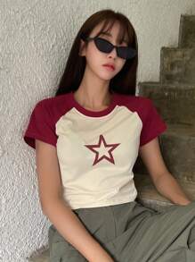 DAZY Camiseta corta de manga raglán con estampado de estrella, Camisetas gráficas Estilo Y2K - Burdeos - Ver 4