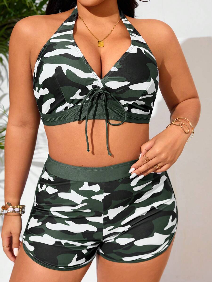 SHEIN Swim Curve Plus Size 2pcs Women Colorful Striped Splice V-Neck Halter Crop Top Paired With High Waist Shorts Sexy Beach Vacation Swimwear Set