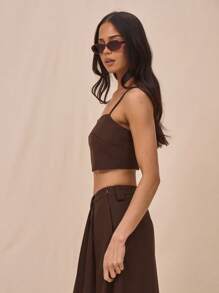 MUSERA Thin Strap Woven Tailored Fitted Cropped To Only Spring Summer Fall - Coffee Brown - View 3
