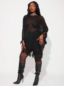 SHEIN SXY Plus Size Women 2025 Spring Summer New Fashion Openwork Crochet Fringe Poncho Blouse, Suitable For Beach Vacation, Date Night, Birthday, Bachelorette Party, Cute, Casual, Shopping, Streetwear, Going Out, Easy To Match & Looks Slim, Accent Your Body, Flatter The Figure - Black - View 7