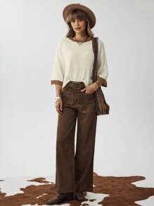 Wildy Vacation Woman Country Concert Women Contrast Trim Knitted Top, Minimalist & Fashionable - Beige - View 2