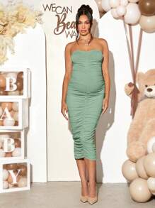 Loomaby Bộ đồ bầu 2 món - Áo len cardigan và váy màu trơn, đơn giản và thời trang - màu xanh lá - Xem 5