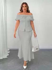 Flirla Bộ 2 món trang trí hoa hở vai cỡ lớn cho nữ và chân váy viền cao thấp thanh lịch - Xám - Xem 4