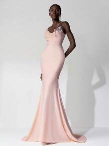 SHEIN Belle Elegant Shiny Sequin Splice Spaghetti Strap High-Waisted Fishtail Trailing Luxury Handwoven Faux Pearl Decor Evening Gown, Wedding Guest Dress, Party Dress, Formal Dress - Pink - View 5