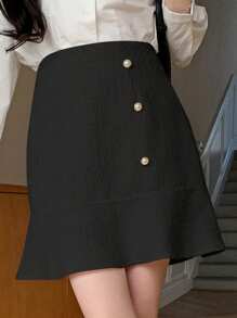 DAZY 女式优雅通勤纯色纽扣装饰A字裙秋冬 - 黑色 - 查看 3