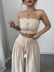 Elenzga Women's Vacation Outfit Set: Soft Cotton Apricot Cropped Tube Top + Loose Wide-Leg Long Pants - Apricot - View 5