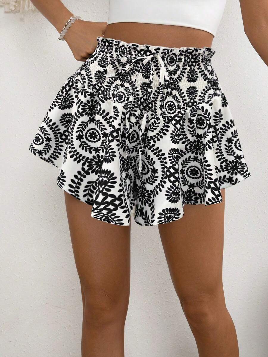 Breezaya Quần short ống rộng buộc eo họa tiết thực vật nghỉ dưỡng dành cho nữ - Nhiều màu - Xem 1
