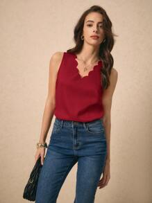 SHEIN Frenchy Solid Scallop Trim Sleeveless Top, Summer Top, Elegant Style Christmas New Year Red Burgundy - Burgundy - View 2