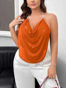 Firerie Plus Size Women Elegant Glitter Layered Ruffle Draped Neck Rhinestone Chain Strap Party, Wedding, Ball Cami Top, Suitable For Spring/Summer