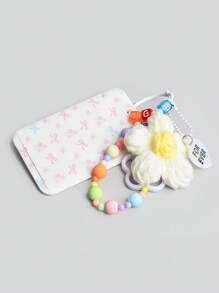 ROMWE Kawaii 1pc Yarn Flower Card Holder Key Chain Pendant, Minimalist Letter Bag Charm Accessory