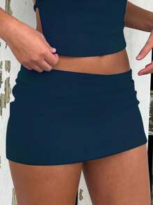 INAWLY 2pcs Women Solid Color Backless Camisole Top And Mini Skirt Set - Navy Blue - View 3