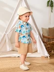 Cozy Pixies Bộ 2 áo sơ mi tay ngắn cổ in họa tiết cây và hoa cho bé trai và quần short cạp chun - Màu xanh lam - Xem 6