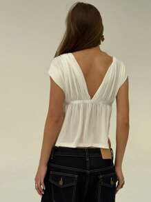 Aloruh 全新纯白色低胸性感深 V 领金属纽扣装饰开衩垂坠无袖优雅露肩衬衫