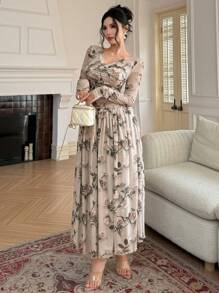 DAZY 2 件套女士夏季玫瑰印花网眼荷叶边露肩上衣和裙子套装，秋季女装 - 杏色 - 查看 8