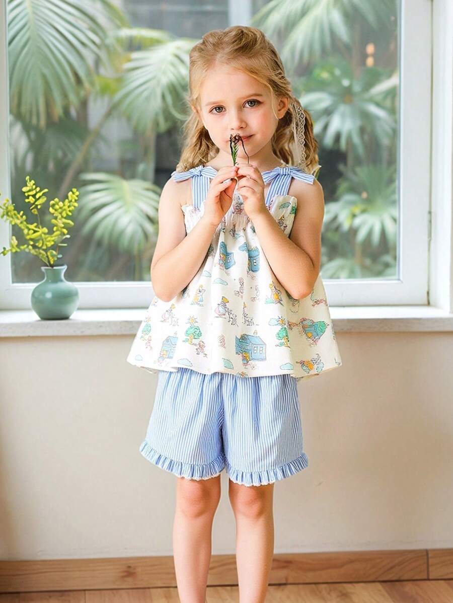 SHEIN Set de 2 piezas con top corto sin mangas holgado con estampado de moño y shorts con puños a rayas para niña, conjunto casual de verano - Multicolor - Ver 1