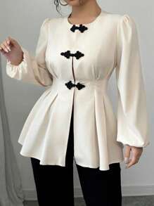 Elenzga 传统中国风圆领撞色束腰通勤休闲法式优雅舒适A字长袖衬衫，适合春夏季