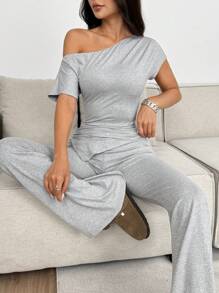 Lunelith SHEIN Lunessa Women's 2pcs/Set Women Casual Grey Asymmetric Ruched Hem Crop Top And Vintage Flared Pants, Stretchy, Soft, Simple Design For Spring/Summer Everyday Wear