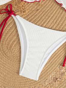 Women's 2pcs/Set Textured Colorblock Crop Top With Side Tie Bottoms, Sweet Bikini Set Summer Beachwear Outfit - Red and White - View 4