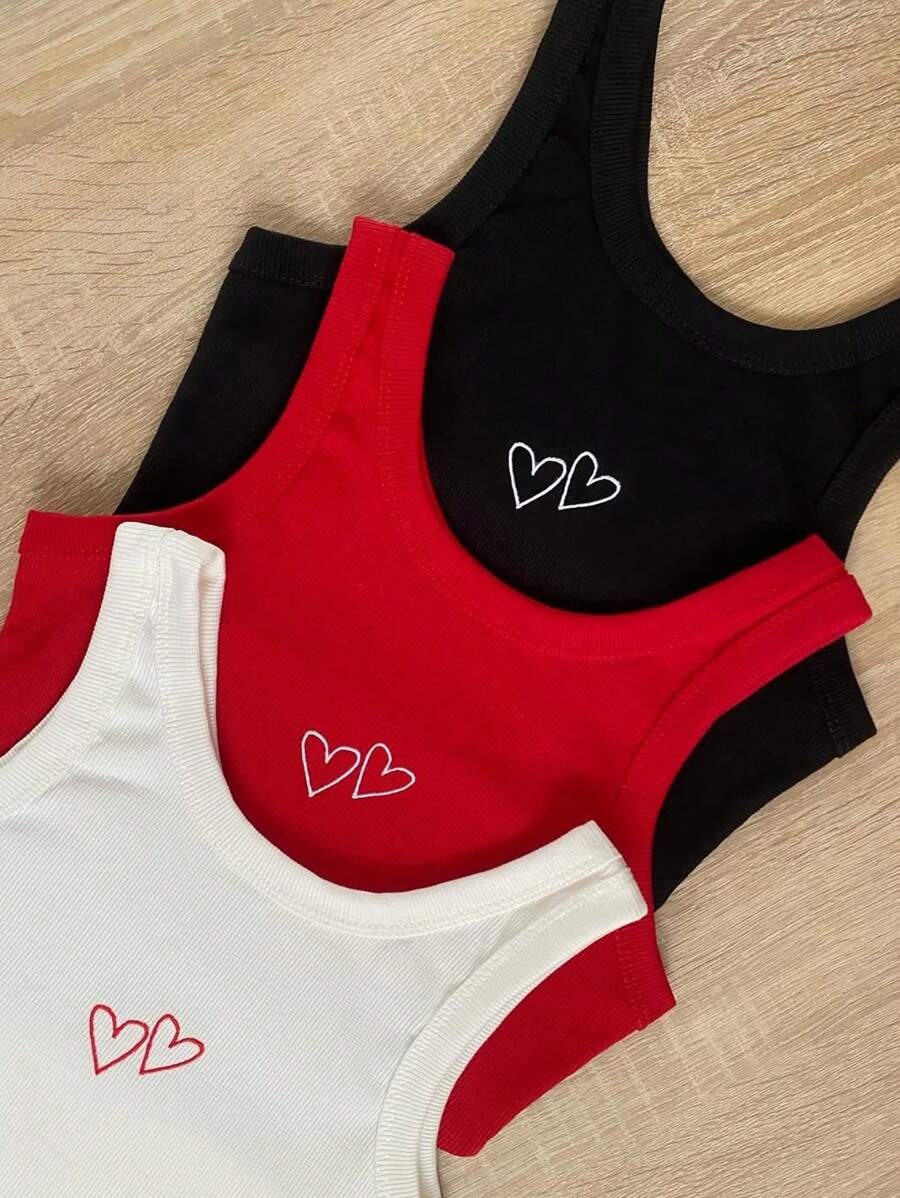 INAWLY 3pcs/Set Women Heart Pattern Embroidered Cami Tank Top - Multicolor - View 1