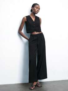 Maija 女士纯色单排扣背心阔腿裤套装