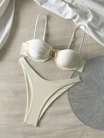 Solid Color Spaghetti Strap Underwire Top And Swim Bottoms 2Pcs/Set Women Summer Swimwear