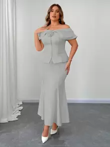 Flirla Bộ 2 món trang trí hoa hở vai cỡ lớn cho nữ và chân váy viền cao thấp thanh lịch - Xám - Xem 3