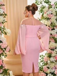 SHEIN Belle Plus Size Elegant Pink Asymmetrical Draped Sleeve Tassel Trim Sheer Neck Fitted Midi Party Dress, Wedding Guest Dress, For Cocktail - Pink - View 2