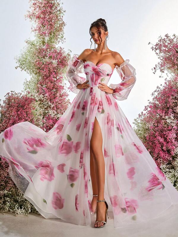 Glamrae Elegant, , Luxurious, Demure, Spring And Summer, Pink, Floral Print, Organza, Balloon Sleeves, Off Shoulder, Herringbone Waist, Fitted Waist, High Slits, Extra Long A-Line Silhouette, Train, Vacation, Wedding Guest, Prom, Birthday Party, Formal Dinner Dress, Evening Dress, Gown,Graduation,Graduation Dresses For Women,Back To School Dress