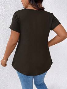 Calvaya Plus Size Casual Versatile Simple Solid Curved Hem T-Shirt - Brown - View 2