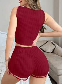 SHEIN 女士心形印花吊带背心和短裤睡衣套装休闲套装 - 紅色 - 查看 2