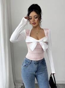 Chiquease 女士优雅修身长袖格子蝴蝶结 T 恤，适合春秋季节 - 紅色 - 查看 3