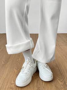 SHEIN PETITE 女款天鹅绒加厚纯色长裤 - 白色 - 查看 7