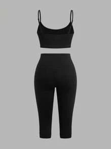 SHEIN EZwear 3-teiliges Damen-Set: Hemd, Trägershirt und Leggings, geeignet für tägliche Sportbekleidung - Schwarz und Weiss - Übersicht 11