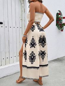 Breezaya 2pcs Casual Vacation Set, Top: Strapless, Bottom: Retro Patterned Long Pants, Apricot Retro Patterned 2 Pieces Set - Apricot - View 2