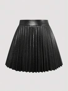Calvaya 女士高腰百褶裙，黑色仿皮裙，优雅百搭，凸显身材