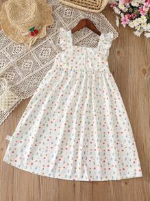SHEIN Girls' Casual Princess Style Floral Print Dress, Beige