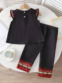 SHEIN Baby Girls' Sleeveless Apricot & Red Printed Top With Waist Tie And Pants Set, Summer - Black - View 2