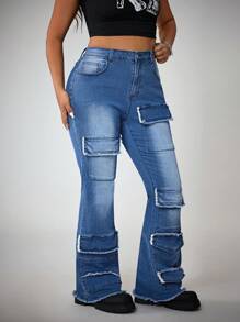SHEIN ICON Pantalones casuales de mezclilla cargo lavados con múltiples bolsillos en talla grande - Azul lavado medio - Ver 5