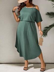 SHEIN LUNE Abito a maglia donna taglie forti, collo asimmetrico, vita segnata, design asimmetrico, verde - Verde - Visualizzare 3