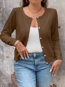 SHEIN LUNE 大码女式纯色长袖单排扣休闲开衫，秋冬款