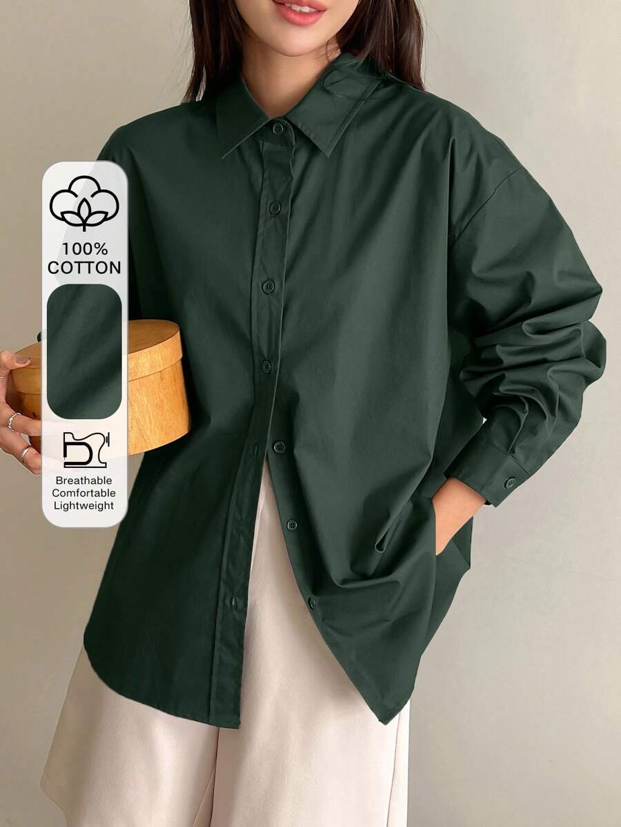 DAZY Solid Drop Shoulder Button Front Shirt,Long Sleeve Tops,Fall Clothes - Dark Green - View 1